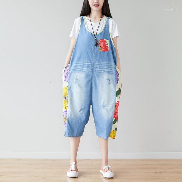 

women's jeans one shirt with water and summer thin do used split joint pattern will ma xianshou wear lin tai salopettes seven part1, Blue