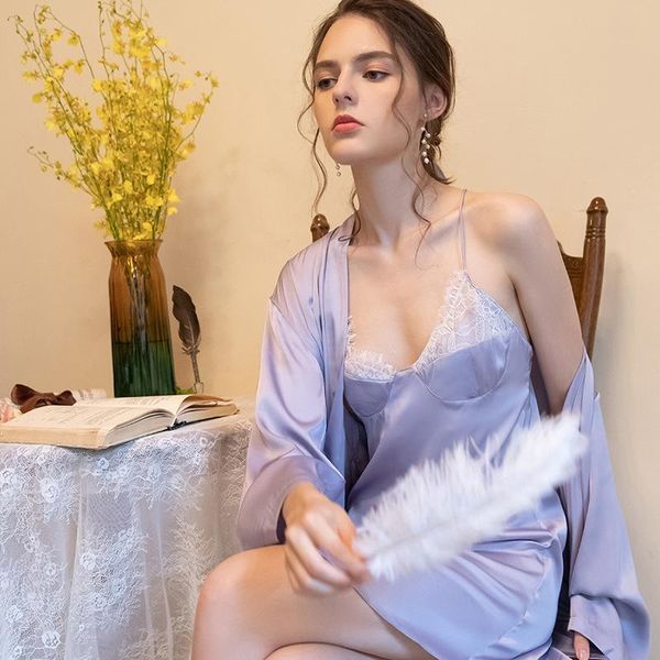

night dress sling white lace double layer stitching cup silk lounge set long sleeve robe home two-piece female clothes, Black;red