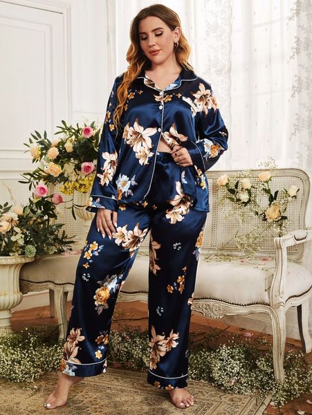 

plus floral print contrast piping satin pj set h3bg#, Black;white