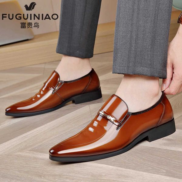 

fuguiniao business dress men's shoes fashion pointed low breathable four seasons yellow brown cowhide leather shoes, Black