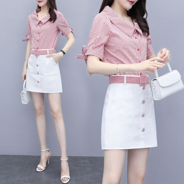 

u953o two-piece new summer new skirt slimming high two-piece skirt waist summer fashion 2020 plaid dress women's french high waist eleg, Gray