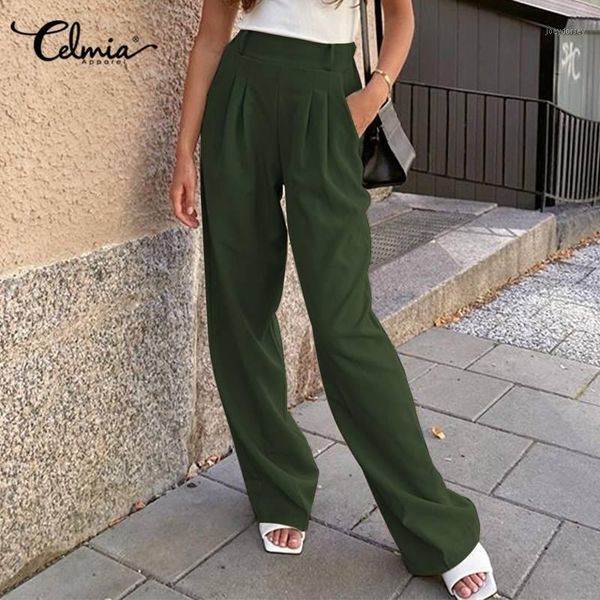 

women casual pant celmia solid color elastic waist trousers 2021 lady office loose wide leg pants fashion pleated long pantalon1, Black;white