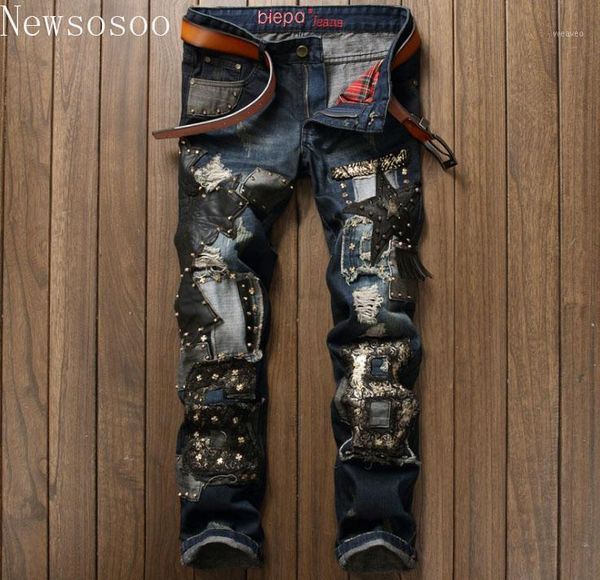 

european american style mens jeans luxury men's denim trousers slim straight patchwork blue punk zipper jeans pants1