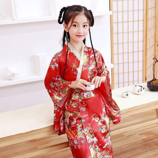 

kids kimono bath robes flower outfits baby girls party wear princess dresses silk children traditional japanese cosplay costumes y200704, Blue;red