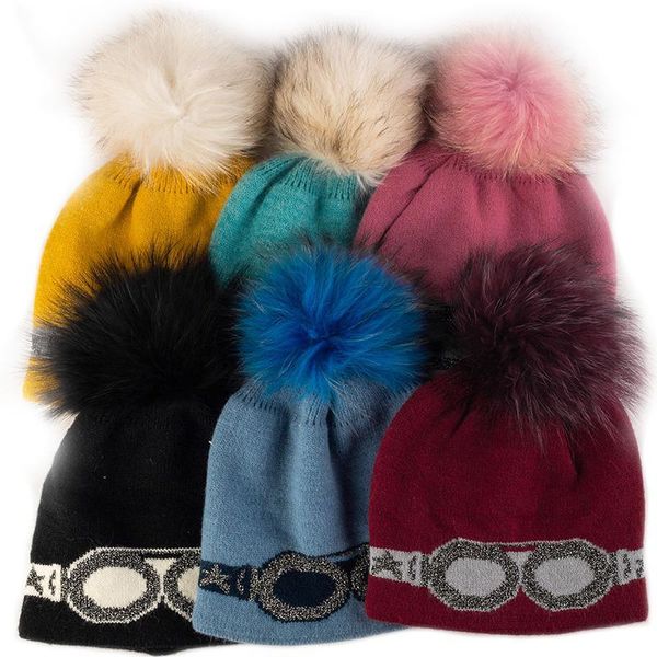 Moda mulher homens inverno engrossar chapéu de esqui de malha óculos impressão beanie com guaxinim real pompom lã quente macio casual chapéus