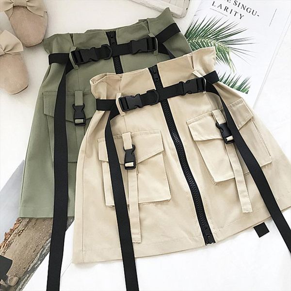 

2020 summer skirt women fashion high waist mini skirt gothic punk style pocket buckle with belt streetwear zipper a line, Black