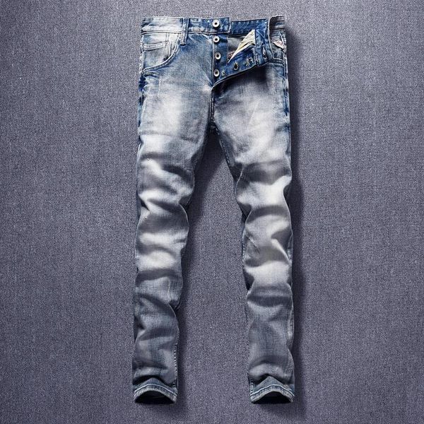 

men's jeans italian style fashion men retro light blue casual classical buttons denim pants vintage designer trousers