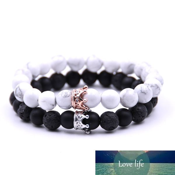 

new trendy black white stone beads with gold silver color alloy crown bracelet for women men couple bangles jewelry lover's