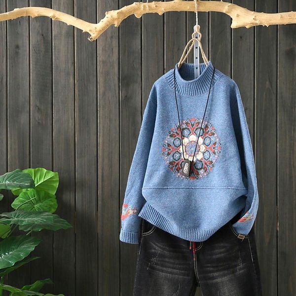 

women new 2019 vintage warm sweaters chinese style pullovers winter autumn floral printed loose knitted sweater ta21601, Red