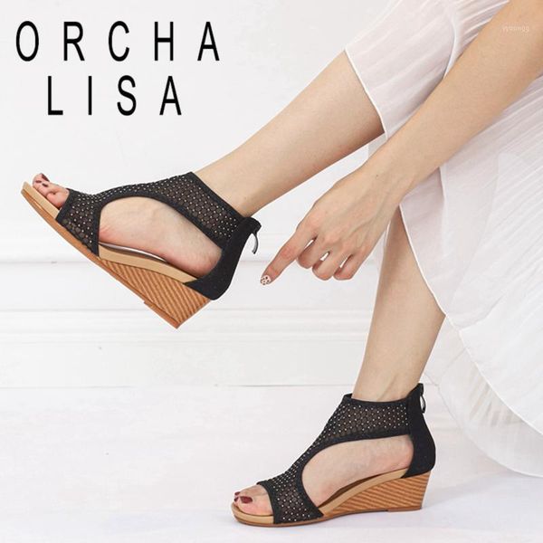

dress shoes orcha lisa women sandals 2021 open toe 5cm wedge heels zip mesh stylish soft comfort breathable big size 36-42 a36371, Black