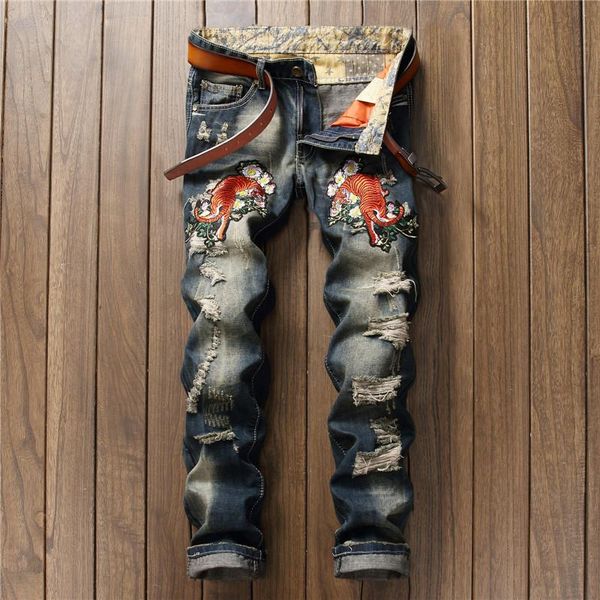 

leosoxs embroidery tiger men jeans hole distressed bleached washed male cowboy straight casual floral denim fashion jeans, Blue