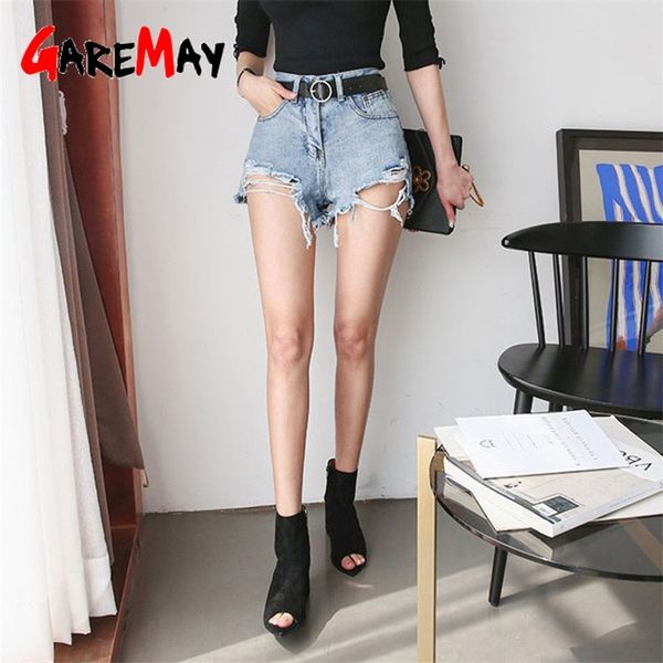 

garemay women's summer shorts denim light blue distressed hight waisted black ripped jeans short for women t200701, White;black