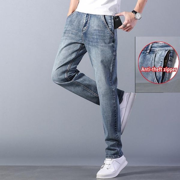 

men's jeans anti-theft zipper men 2021 spring classic style blue gray loose straight denim stretch pants fashion brand trousers