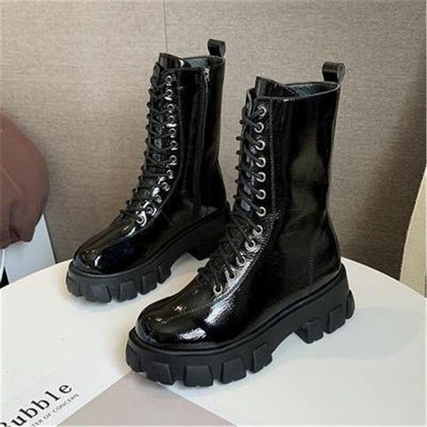 

new mode 2021 chunky women rentals up to mid-calf calf women's plutonium leather boots black mujer lpsg