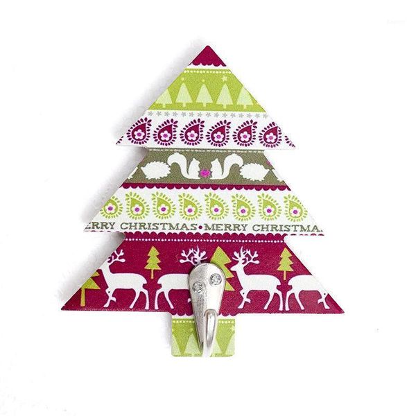 

1 pc 10*11.5cm wooden xmas tree painted metal buckle with no-trace hook seamless paste christmas new year home door kitchen deco1