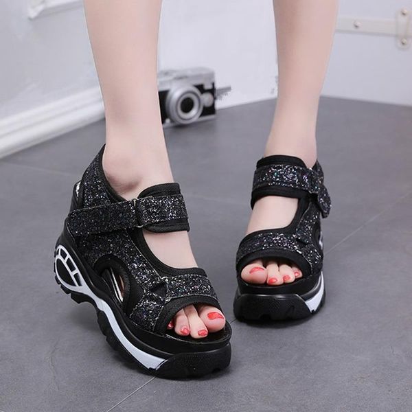 

2021 sandals women's wedge heel thick bottom waterproof platform summer ladies sandals all-match open-toed student women's shoes, Black