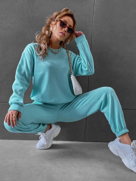 

solid drop shoulder sweatshirt & sweatpants t3kr#, White