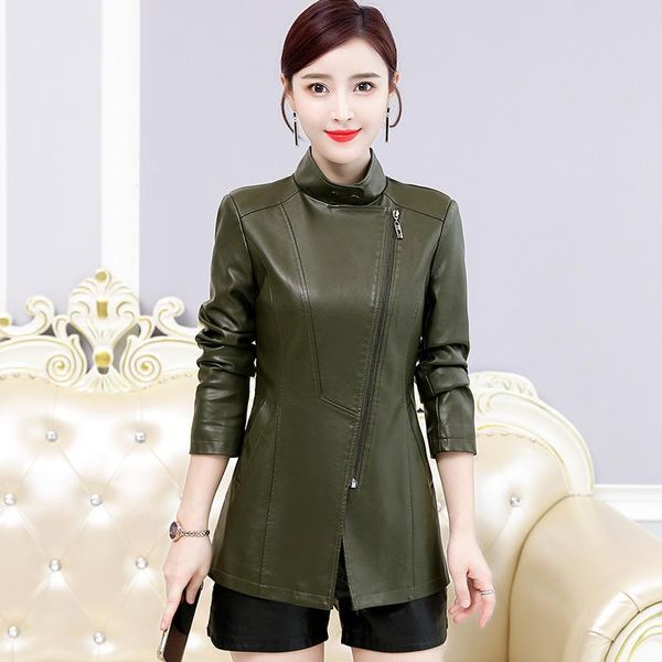 

women's leather & faux 2021 short korean slim motorcycle jacket large stand collar coat, Black
