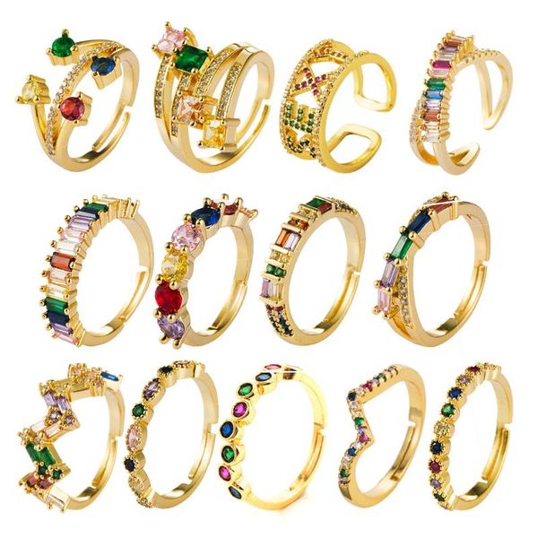 

size copper finger rings for women colorful cz statement wedding engagement jewelry adjustable colorful cz punk band ring, Slivery;golden
