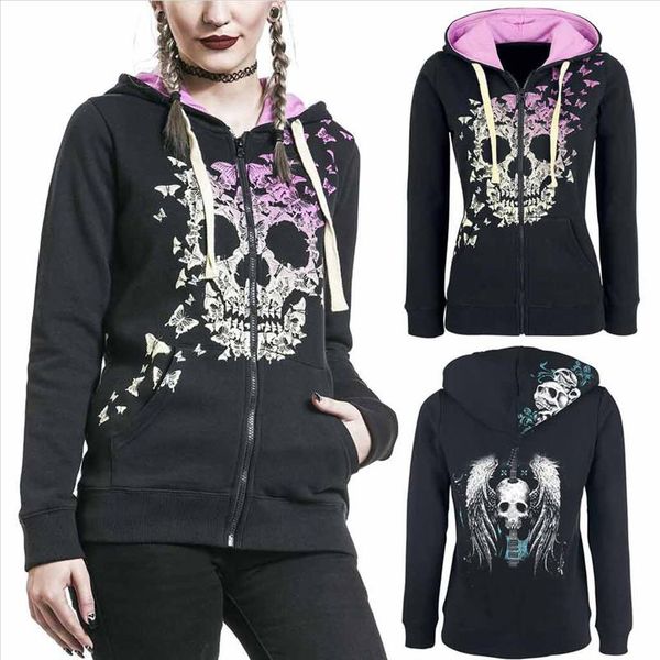 

fashion women sweatshirt zipper long sleeve skull print hoodies sweatshirt coat autumn winter clothes women streetwear, Black