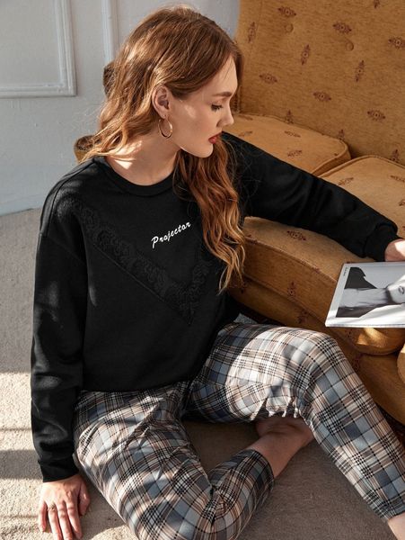 

plus letter graphic eyelash lace panel drop shoulder sweatshirt b4fp#, Black