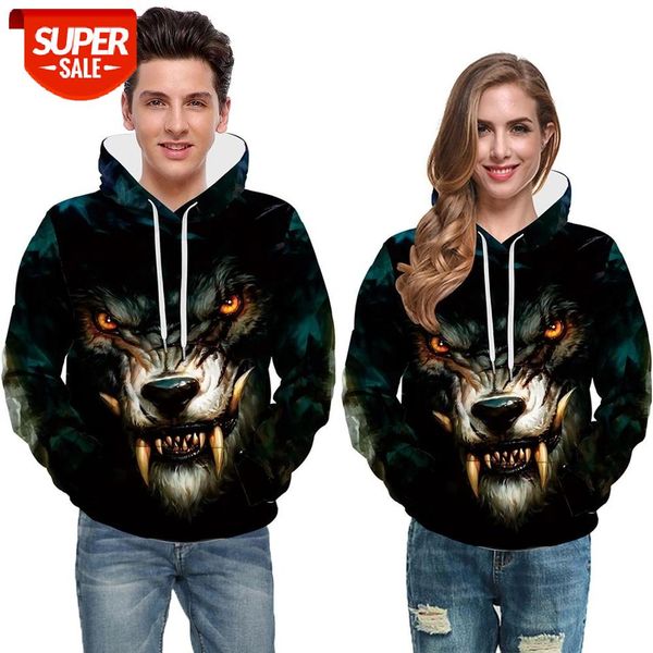 

men women printed hoodie sweatshirts winter fashion 2020 oversize pullovers pocket animal ferocious wolf hooded jacket #tj52, Black