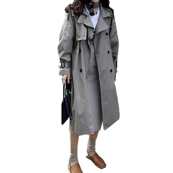 

women's trench coats spring autumn 2021 large size windbreak outwear korean fashion double breasted mid-long coat mujer loose belt, Tan;black