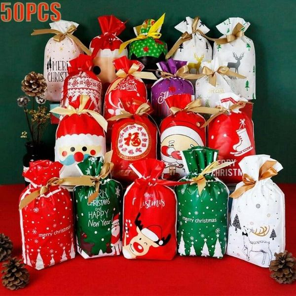 

50pcs christmas sacks reusable drawstring wrap present gift party bags storage christmas decoration