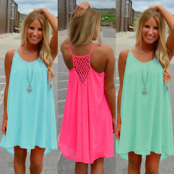 

fashion women spaghetti strap back howllow out summer chiffon beach short dresssleeveless openwork dress drop shipping, Black;gray