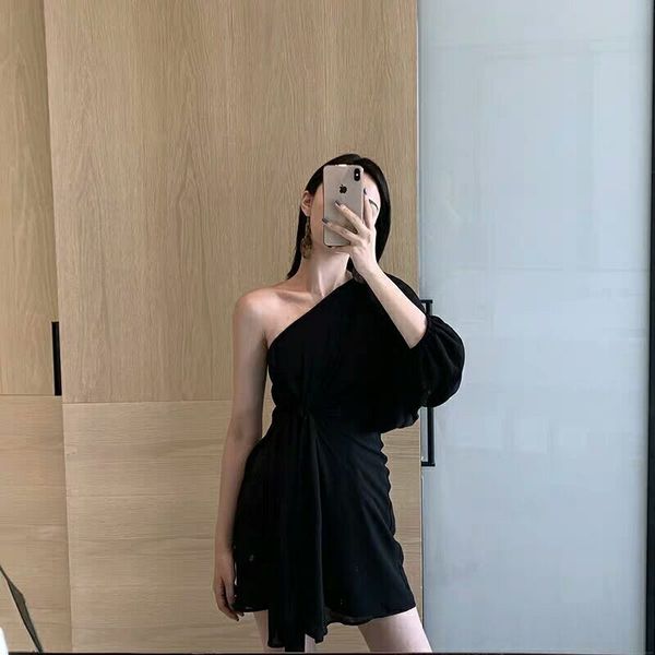 

korean style women's clothing summer new fashion asymmetric shoulder strap irregular slim-fit dress dress dressshoulder strap dressdist, Black;gray