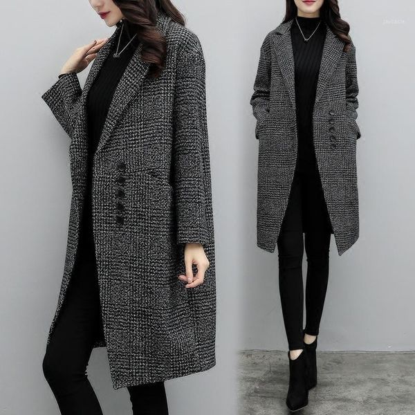 

autumn and winter new korean version was thin in the long section of the plaid woolen coat female fashion straight woolen coat1, Black