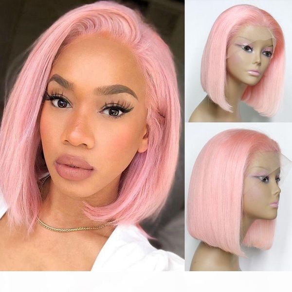 

pink color 150% density lace front human hair wigs pre plucked brazilian remy hair short bob wigs 13*4 lace with baby, Black;brown