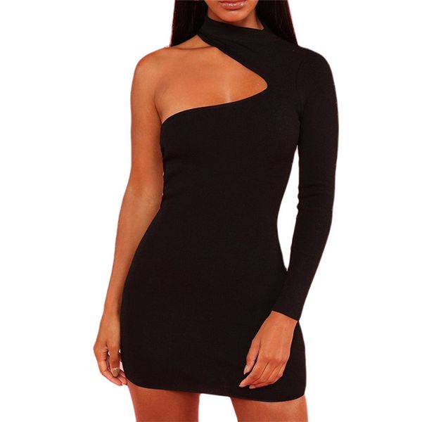 

women's unique bare shoulder dress long sleeve long dress 2020 new festival shaped thin collar skirt round neck club color pure 3 color, White;black