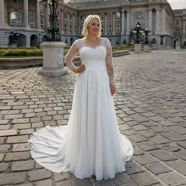 

2021 new charming v neck long sleeves lace wedding plus size a line chiffon beach bridal es backless vestido de noiva on6i, White