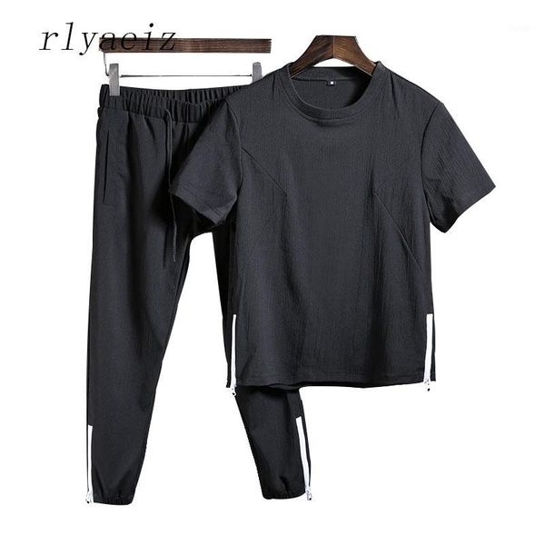 

rlyaeiz 2018 summer casual sporting suits men tracksuit sets cotton linen comfortable t shirts + calf-length pants sweat suit1, Gray