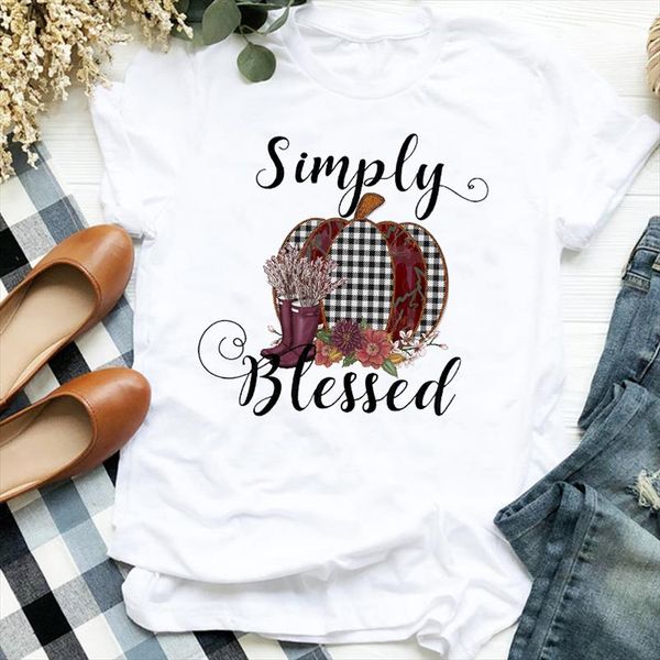 

women lady plaid pumpkin 90s cute print thanksgiving fall halloween tshirt shirt clothes graphic female t tee womens t shirt, White