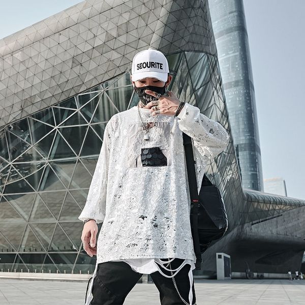 

2021 men's new nightgown versatile youth white college style around upper neck loose bright suit in the fashion 4b82 bzne, Black