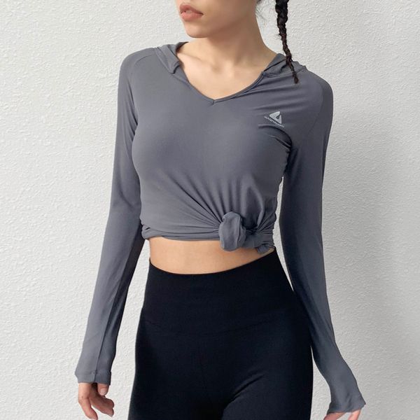 

sports crop women hooded yoga shirt knotted sports gym sports shirt women workout shirt fitness long sleeve
