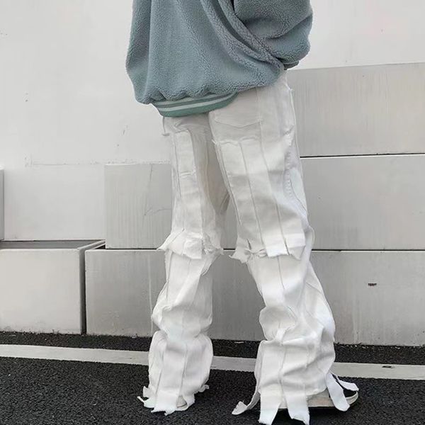 

2021 new original irregular tassel denim pants men and women straight retro streetwear baggy casual trousers hip hop jeans mahm, Blue