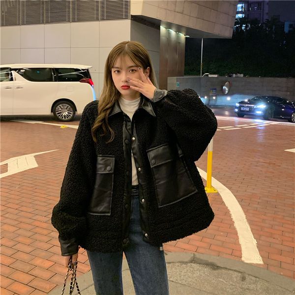 

2021 new women's fashionable coats loose solid batwing covered buttons in front pockets artificial lamb down womanhood jackets winter t, Black;brown