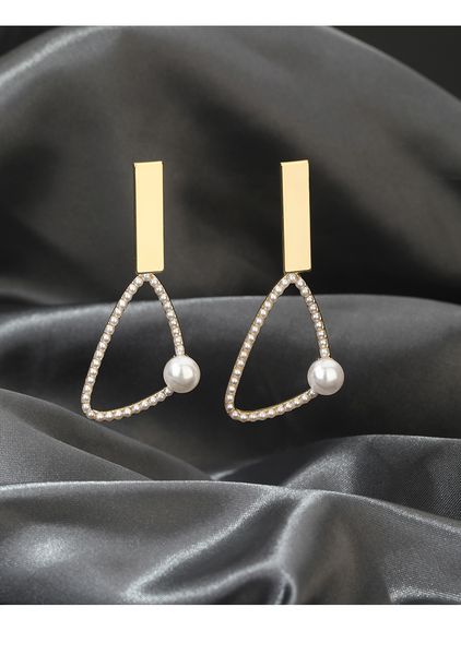 

2020 new european and american style alloy imitated pearl geometric triangle design simple earrings sell 074, Golden;silver