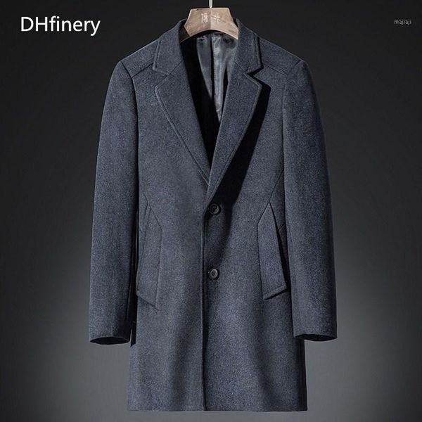 

dhfinery winter long wool coat men lapel casual 30%wool coats dark blue and brown woolen overcoat mens windbreaker jacket 66051, Black