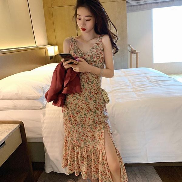

dress vestidos vintages v-neck floral waist dresses temperament side slit sling fairy mid-calf vestido de mujer1, Black;gray