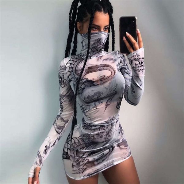 

european american style 2021 autumn new women's dress round neck long sleeves dragon printed perspective mesh slim dress size xs-xl, Black;gray
