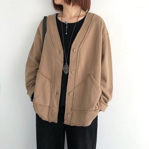 

fairynatural retro cardigan sweater for ladies pockets v neck button 2021 autumn spring patchwork female loose solid color1, White