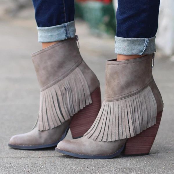 

ankle boots for women pu leather high heels western boots autumn winter ladies tassel platform punk1, Black