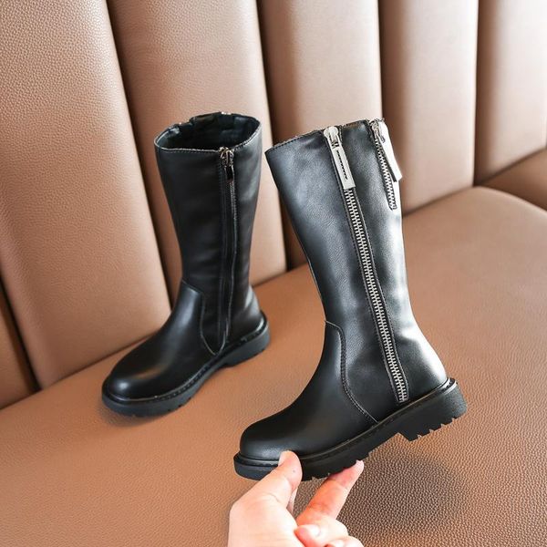 

autumn and winter girls long boots princess soft-soled cotton boots student leather children shoes, Black;grey