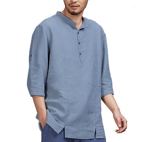 

casual shirts men cotton solid loose plus size pullover three quarter sleeves buttons shirt harajuku vintage spring summer 20201, White;black