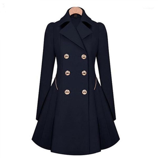 

ladies fashion lapel long winter coat double-breasted outwear slim fit dust coat11, Tan;black
