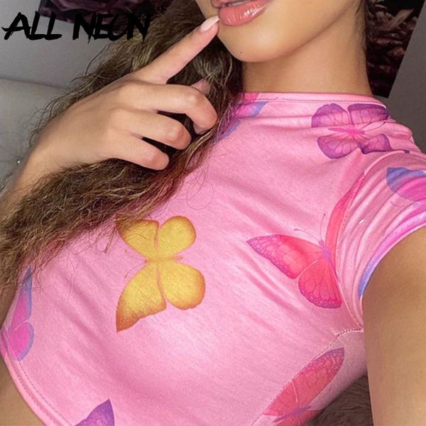 

allneon y2k fashion butterfly graphic pink cropped sweet o-neck short sleeve t-shirts for women 90s e-girl summer, White